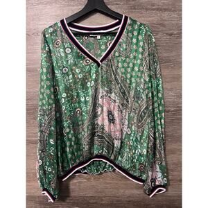 Jeff Gallano Paris Sz 2 Small Green Sheer V Neck Top Silky Paisley V Neck Resort